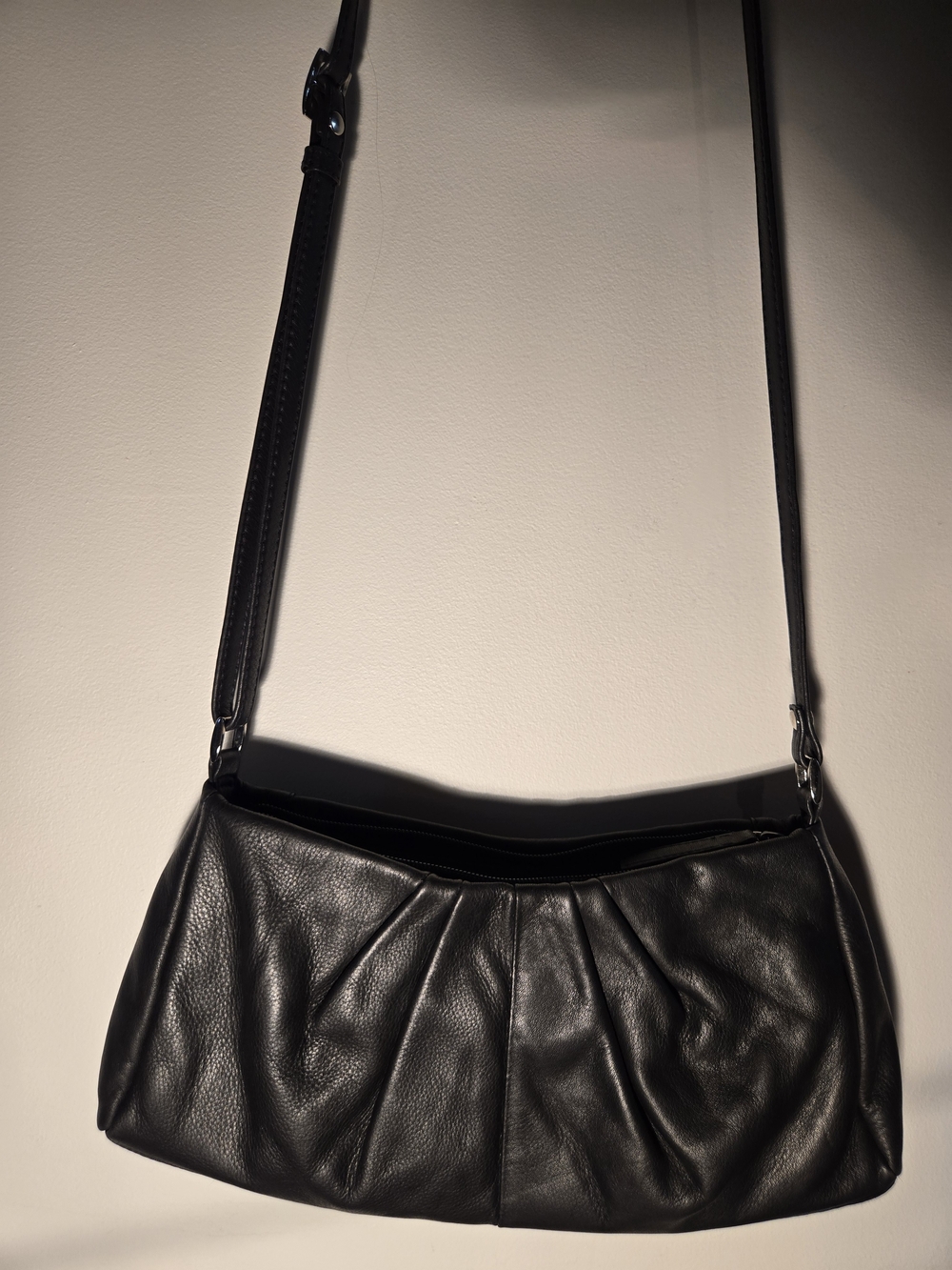 Black Pleated Leather Shoulder Bag with Adjustable Strap